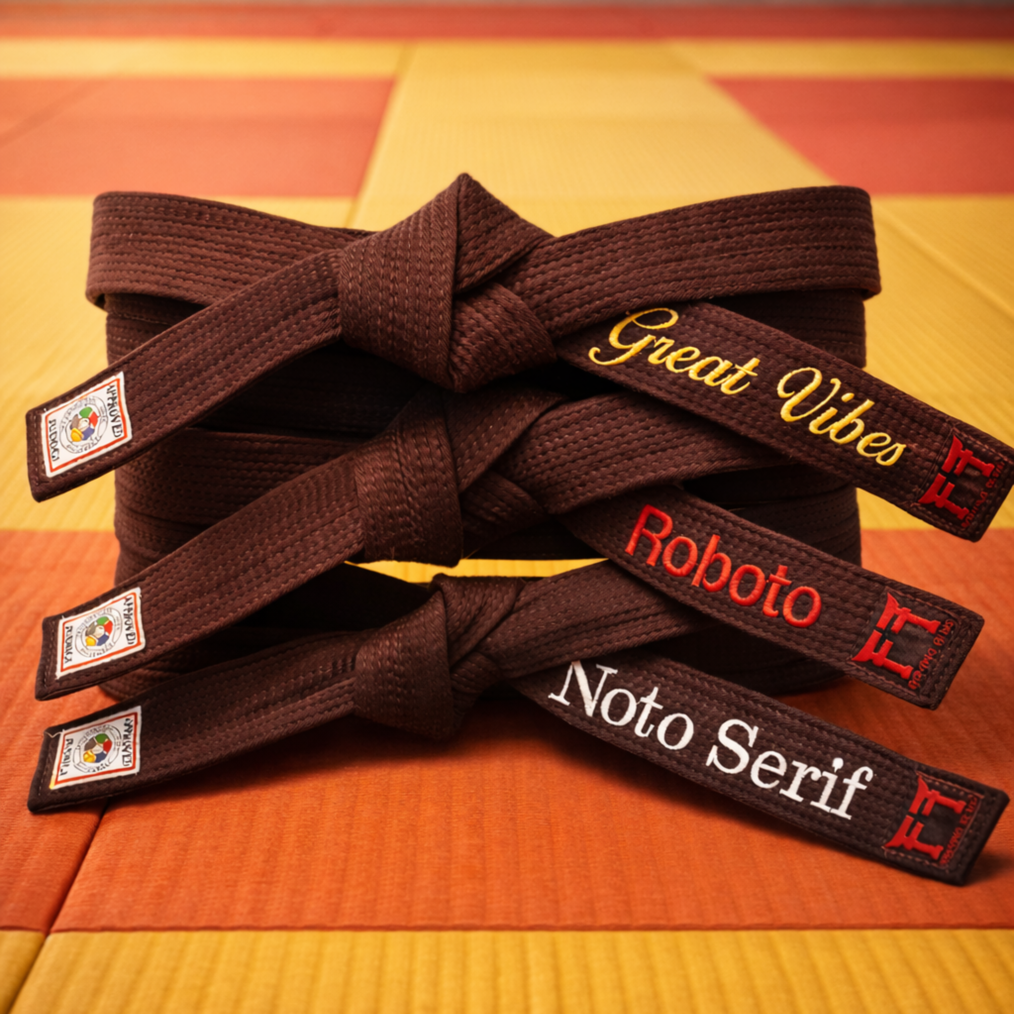 3 ceintures marron brodées avec des polices différentes dans un dojo