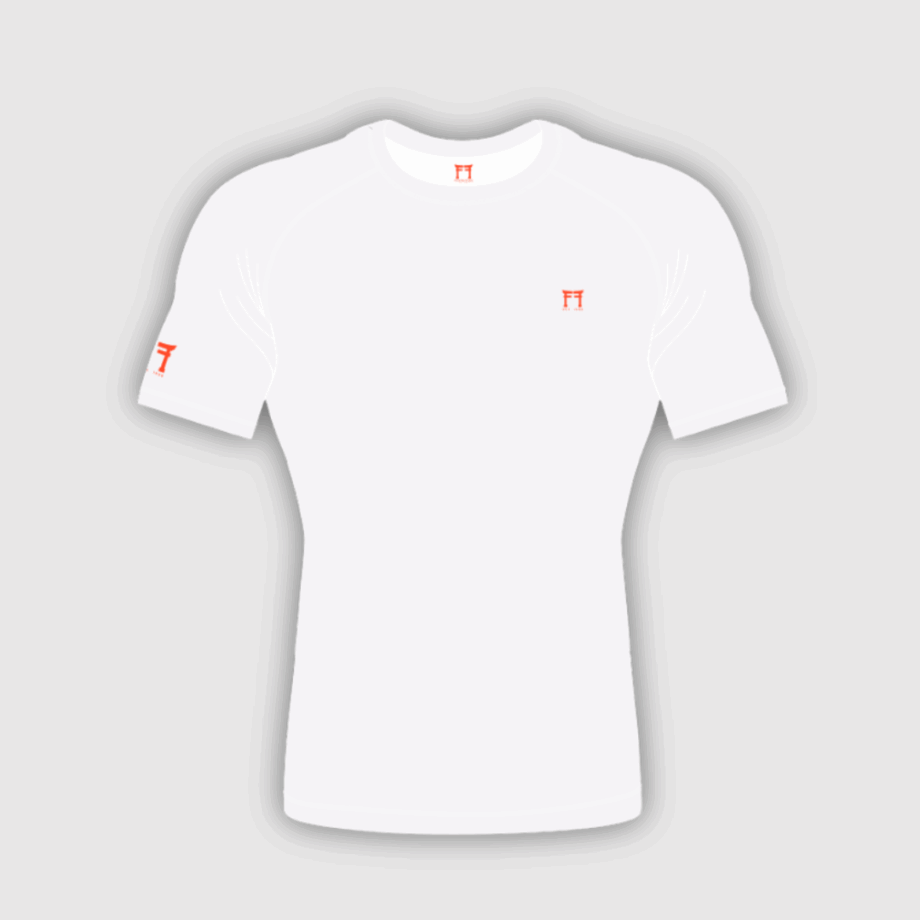 rashguard blanc Fighting Films logo rouge coeur et bras