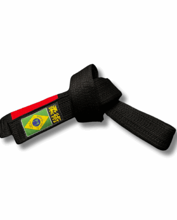 Ceinture noire de jjb en grain de riz, qualité supérieure, nouée avec drapeau brésilien et jiu jitsu en japonais sur l'extrémité