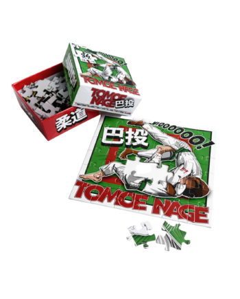 Puzzle judo enfant Fighting Films 36 pièces Tomoe Nage avec tatami, fond vert et rouge et nom japonais